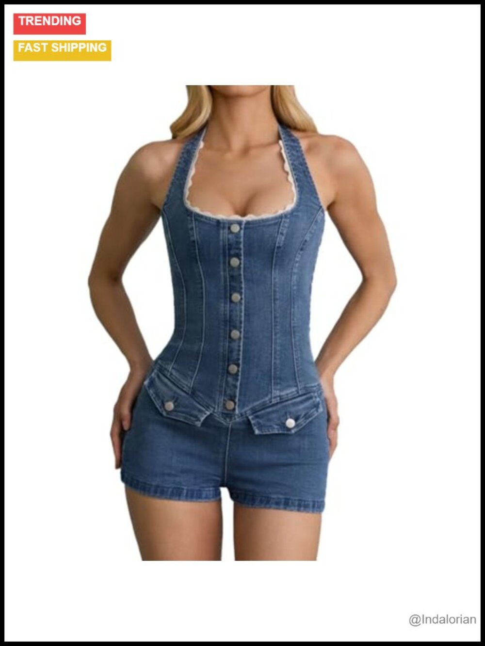 Denim Romper Off Shoulder Lace Trim Square Neck Halter Button Down Jeans Shorts